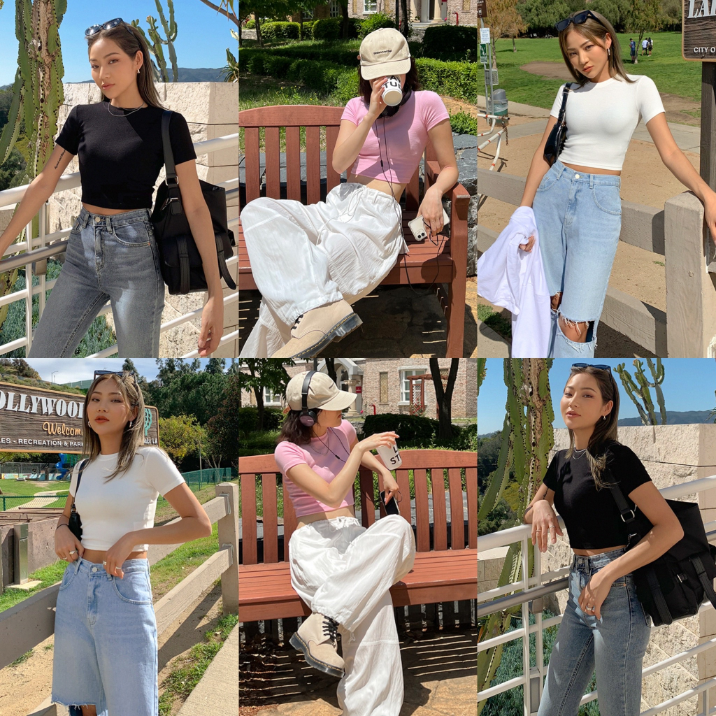 Áo Croptop BLACKUP Basic Round Crop Sleeve Tee