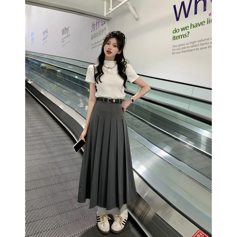 Chân váy xếp ly dáng dài kèm đai chất ruby - Retrostyle - Chanvay2955_P6K15