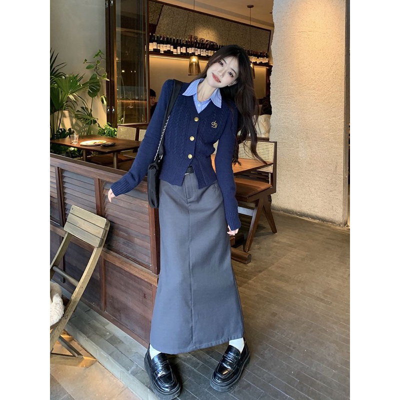 -Set len +chân váy dài vintage Hàn Quốc