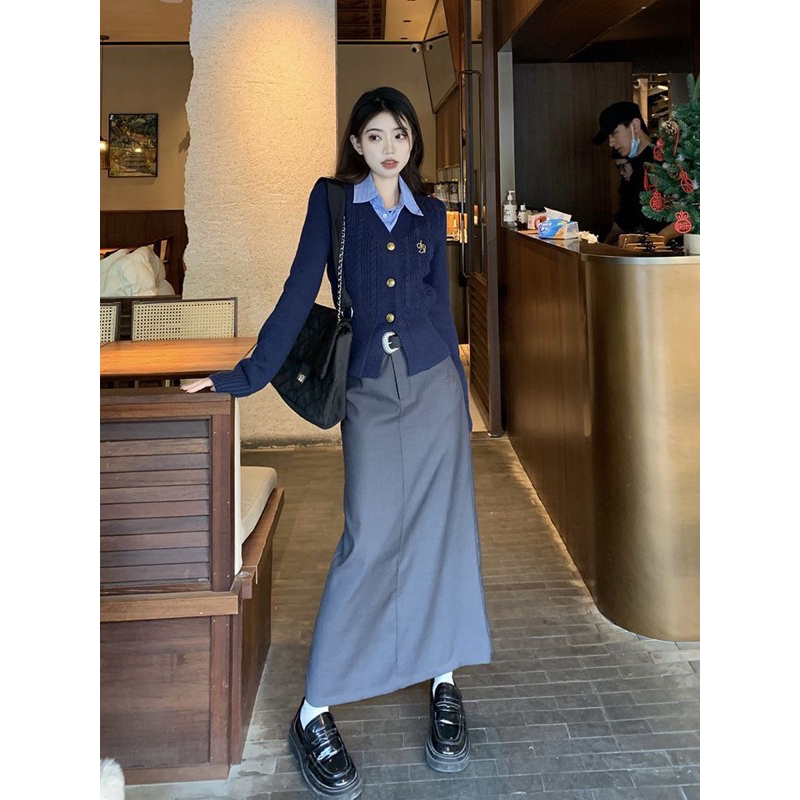 -Set len +chân váy dài vintage Hàn Quốc