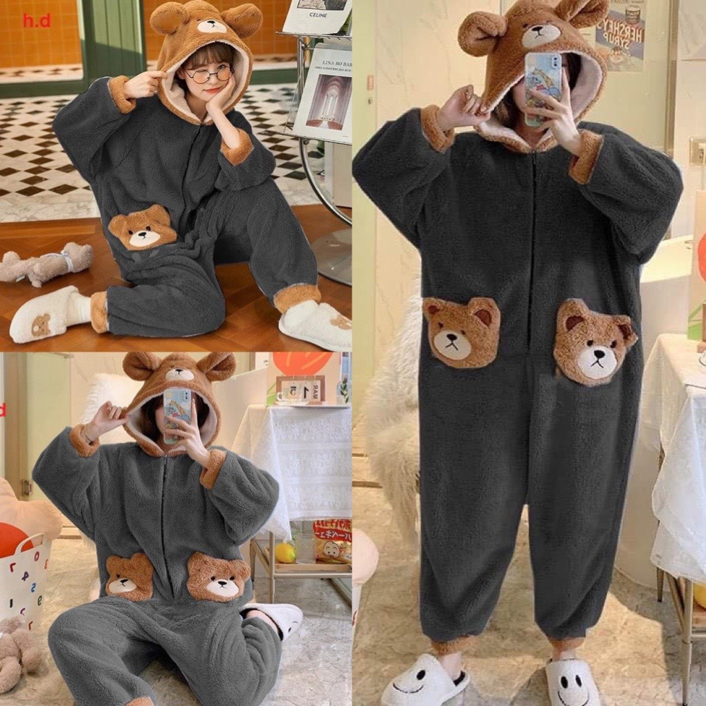 Bộ lông gấu liền thân xám phối mũ nâu dễ thương,đồ bộ ngủ mặc nhà chất lông cừu dày dặn ấm áp hàn quốc