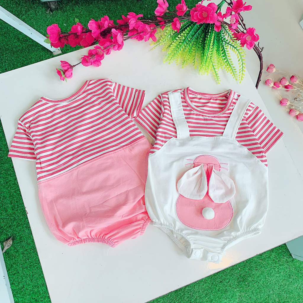 Body cho bé gái tay ngắn kiểu yếm hình thỏ kẻ từ sơ sinh đến 1 tuổi