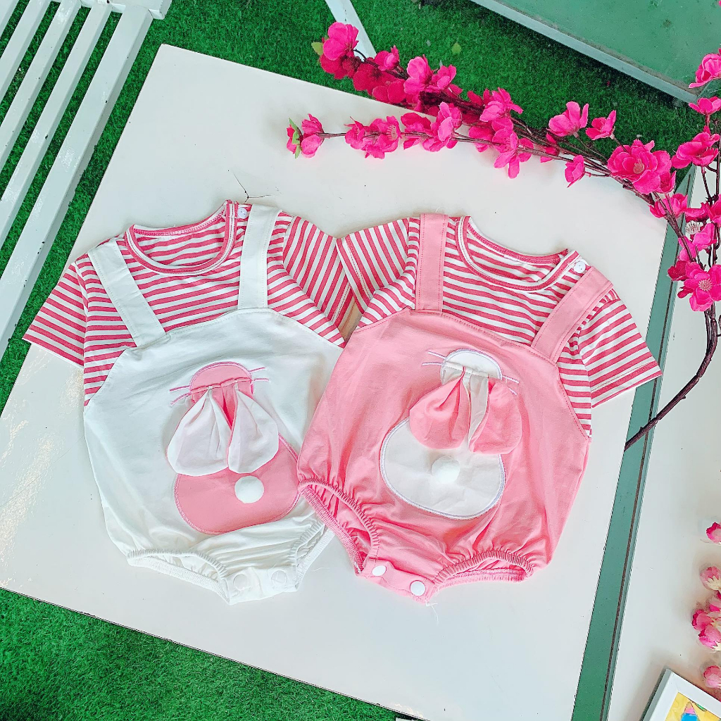 Body cho bé gái tay ngắn kiểu yếm hình thỏ kẻ từ sơ sinh đến 1 tuổi