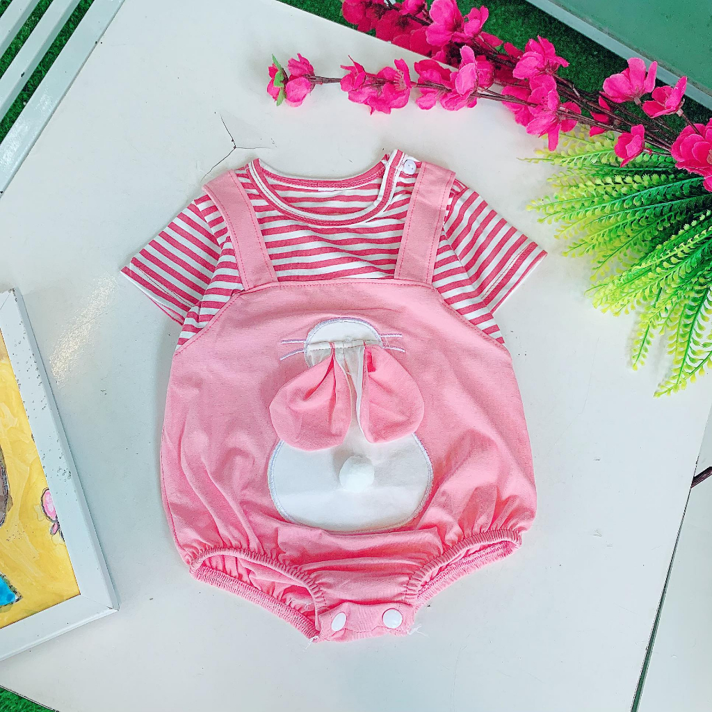 Body cho bé gái tay ngắn kiểu yếm hình thỏ kẻ từ sơ sinh đến 1 tuổi