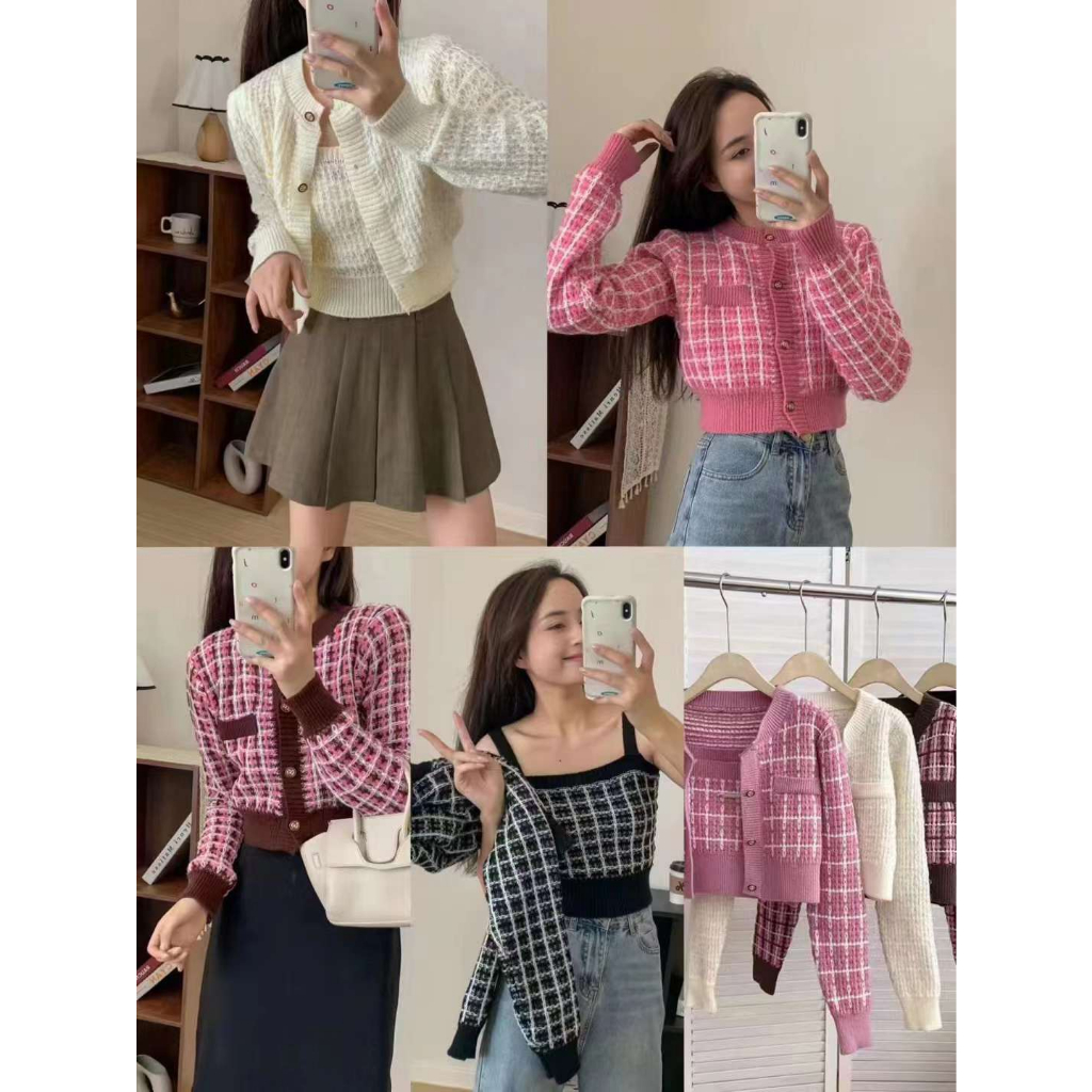 Sét áo len 2 dây kèm áo khoác len kẻ dáng ngắn - Retrostyle- Set55580_P6K15