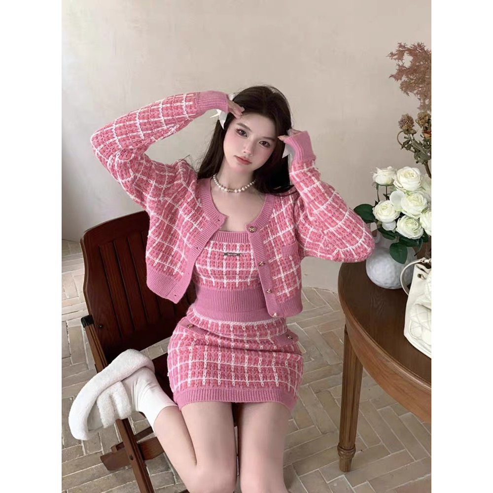 Sét áo len 2 dây kèm áo khoác len kẻ dáng ngắn - Retrostyle- Set55580_P6K15