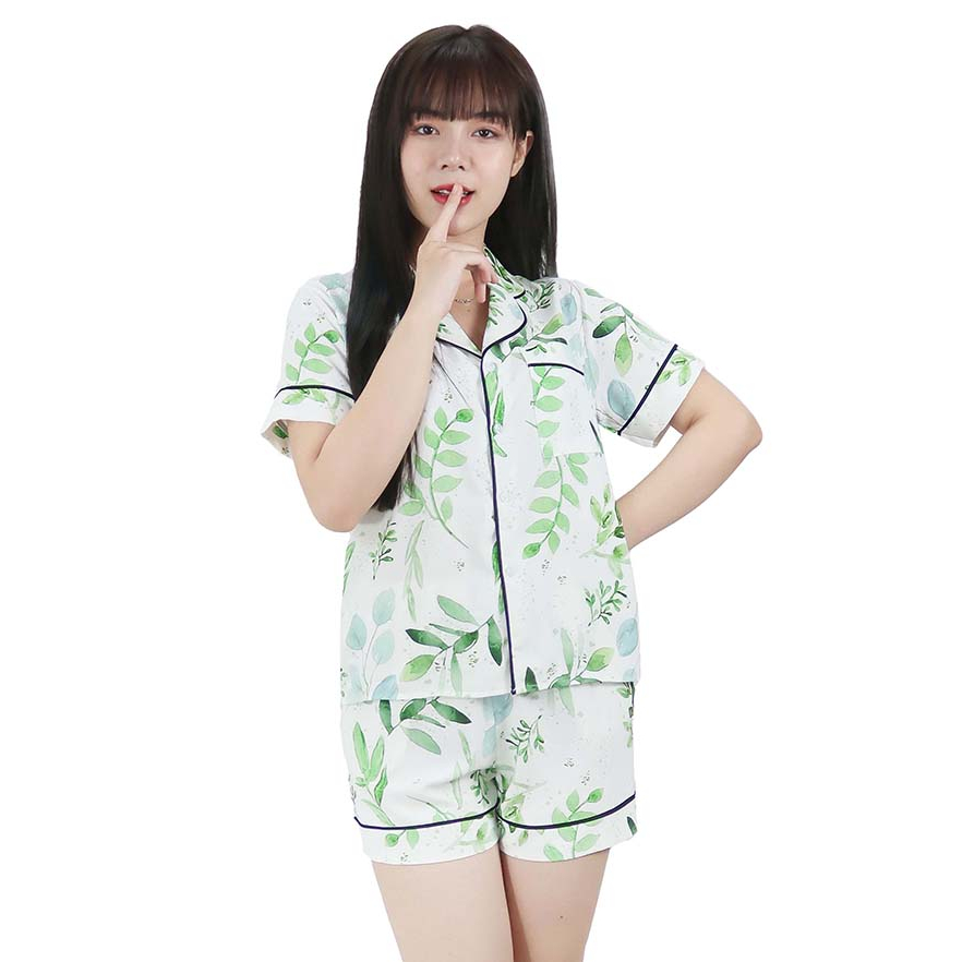Đồ Bộ Ngủ Pijama Nữ YOME Luxury YN6 TRẮNG LÁ XANH Tay Ngắn Quần Ngắn - Lụa Tuyết Nhật - Tươi Xanh Mát Mẻ