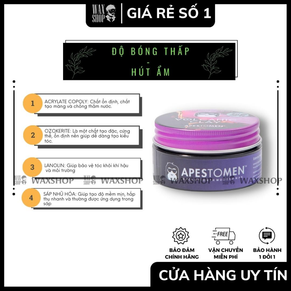 Sáp Vuốt Tóc Nam Volcanic Clay + Bột Tạo Phồng Volcanic Ash Styling + Spray Salty Ape -  Apestomen