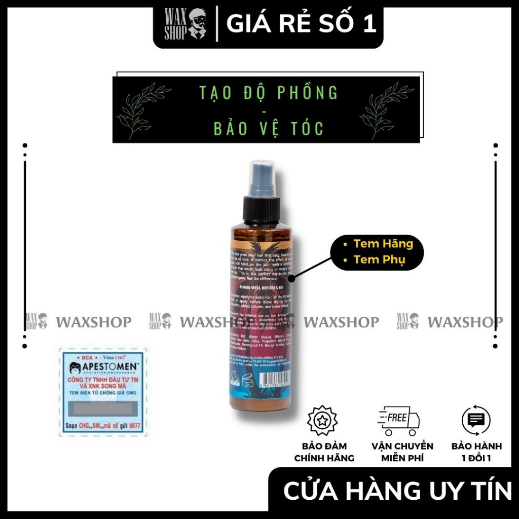 Sáp Vuốt Tóc Nam Volcanic Clay + Bột Tạo Phồng Volcanic Ash Styling + Spray Salty Ape -  Apestomen