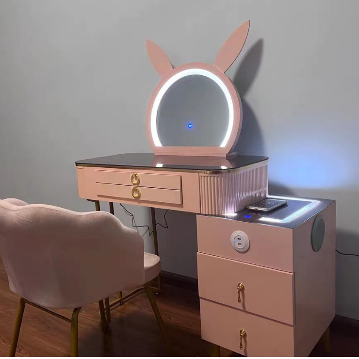 Bàn trang điểm thông minh, bàn phấn thông minh có loa sạc đèn đủ bộ cả ghế và gương tai thỏ dễ thương  - TN23