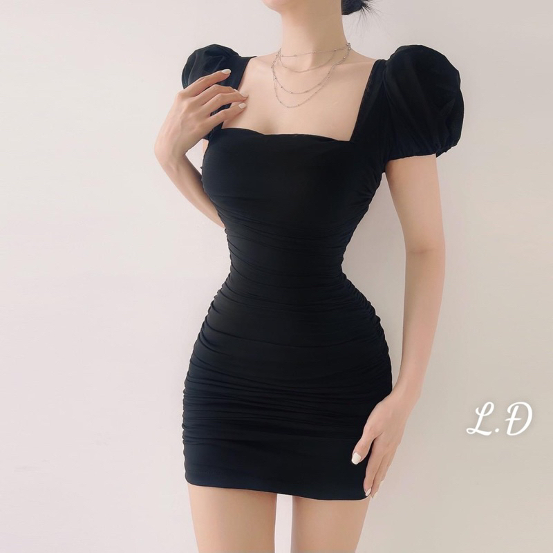 Đầm body lưới cổ vuông tay bồng