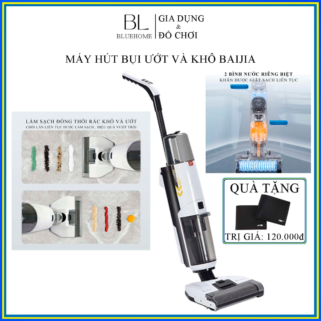 Máy hút bụi, máy hút bụi khô và ướt 3 trong 1 BAIJIA BJ tự động giặt giẻ bản Quốc Tế, bảo hành 2 năm