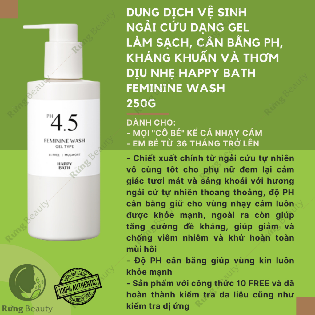 DUNG DỊCH VỆ SINH NGẢI DẠNG GEL LÀM SẠCH, CÂN BẰNG ĐỘ PH, KHÁNG KHUẨN HAPPY BATH FEMININE WASH 250G #MẪU_MỚI_