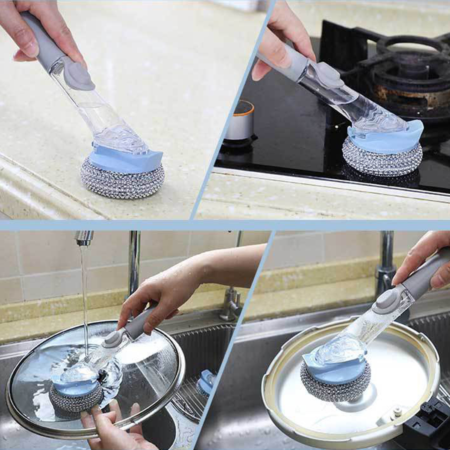 Dụng cụ cọ rửa chén bát, xoong nồi, bếp ăn có tay cầm dài và ngăn đựng xà phòng tiện dụng - Bàn chải vệ sinh nhà bếp