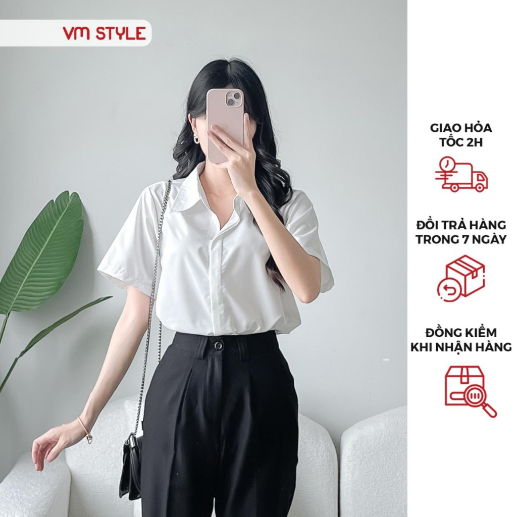 Áo sơ mi trắng VMSTYLE tay ngắn trơn 16148 SMU00101