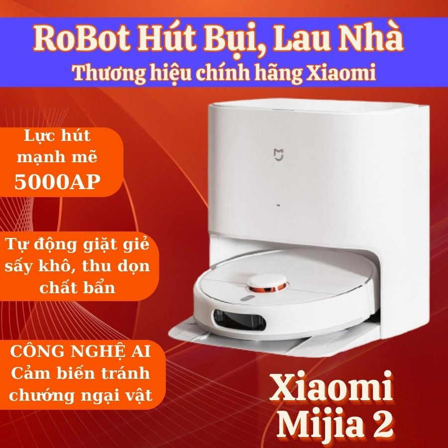 Robot hút bụi lau nhà thông minh Xiaomi Mijia 2 tự động giặt và sấy khô giẻ lau,Robot lau nhà cảm biến tránh chướng ngại