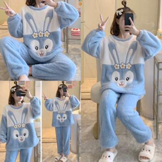  Bộ ngủ lông cừu 2 mặt mượt mà thêu thỏ 3 hoa màu xanh trắng form rộng tay bồng áo lông nữ dài tay kèm quần dài ống bom 