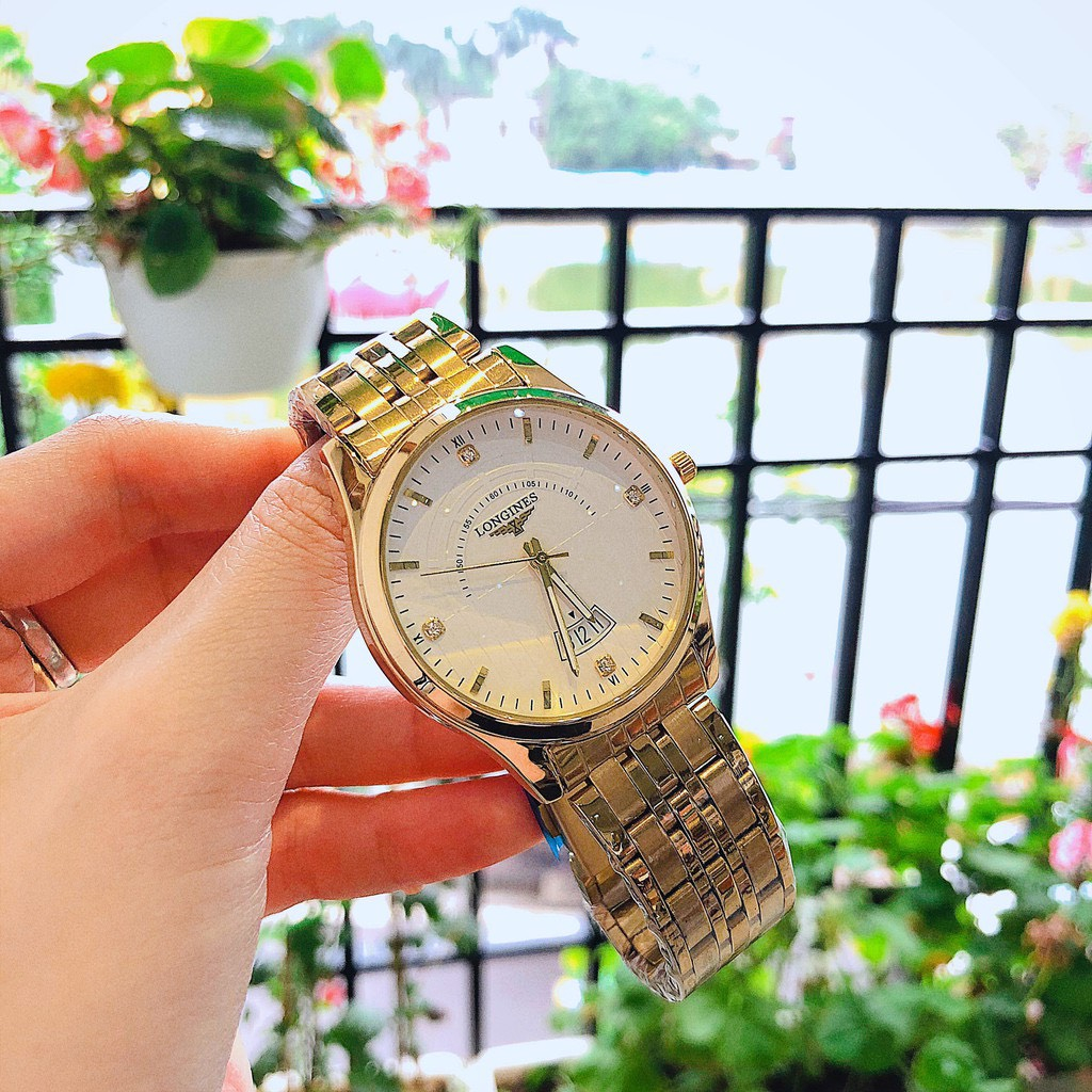 Đồng hồ nam LO dây kim loại màu vàng thép chống gỉ mặt tròn có lịch nam tính