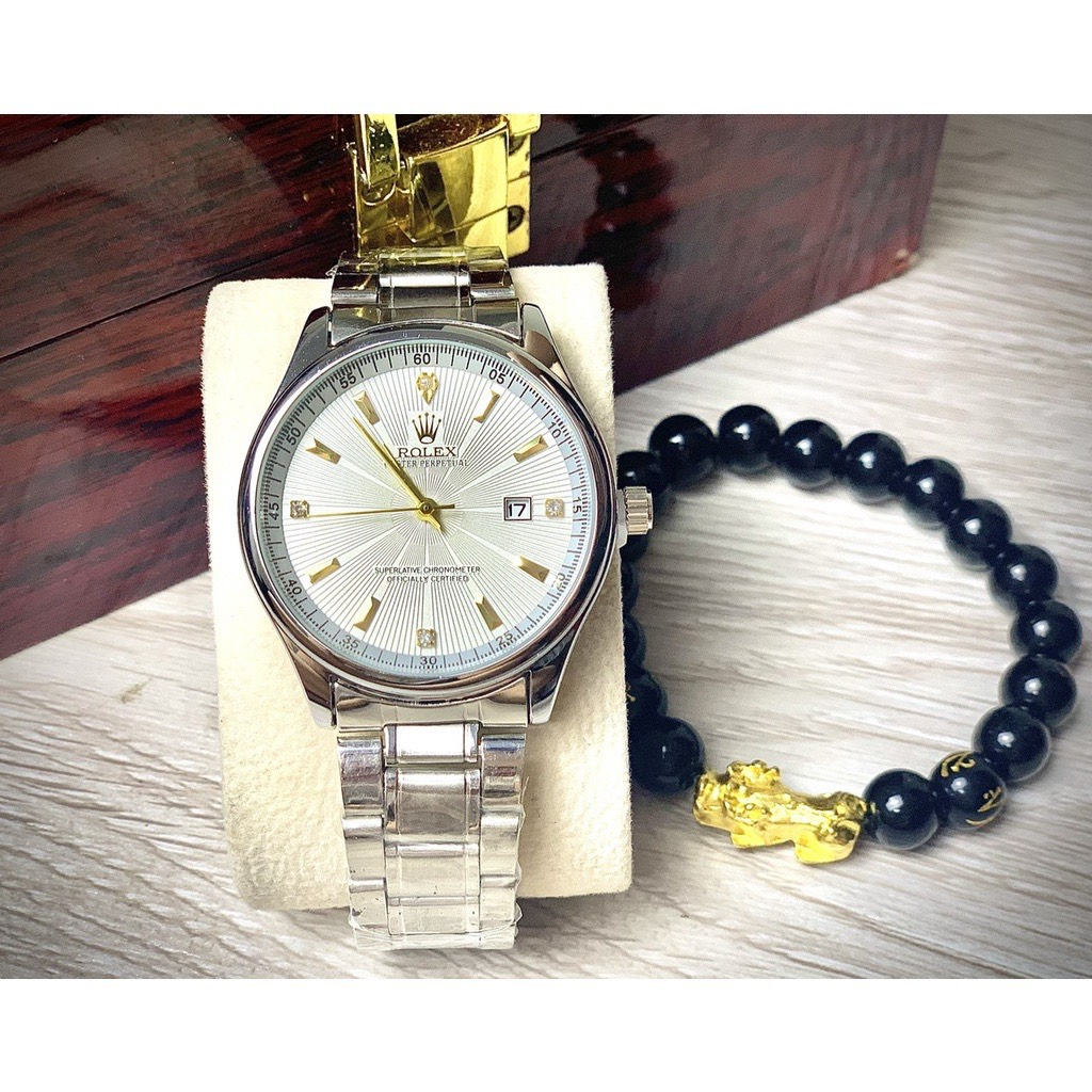 Đồng hồ nam RO dây kim loại thép chống gỉ mặt tròn size 40 tặng vòng tay tỳ hưu may mắn