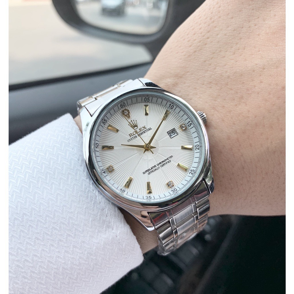 Đồng hồ nam RO dây kim loại thép chống gỉ mặt tròn size 40 tặng vòng tay tỳ hưu may mắn