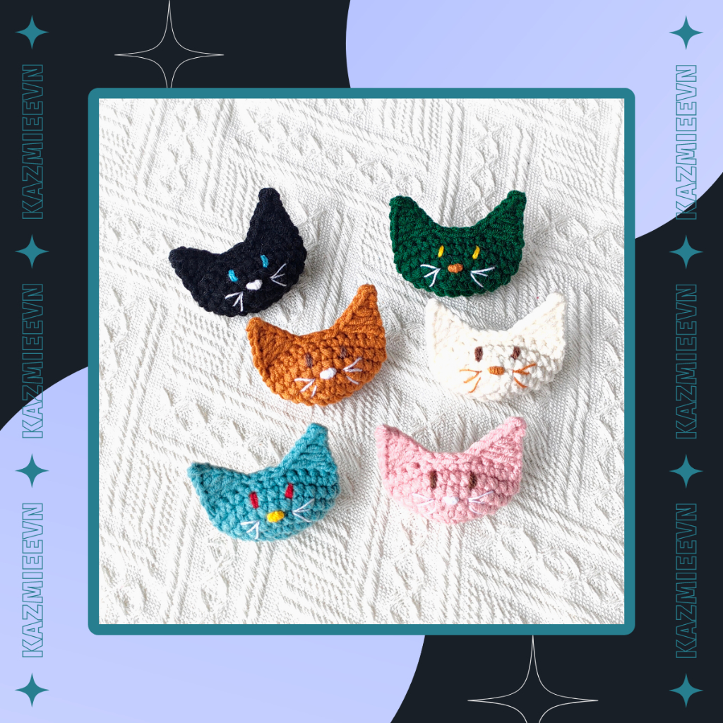 Ghim cài trang trí túi, áo hình mèo đáng yêu handmade bằng len