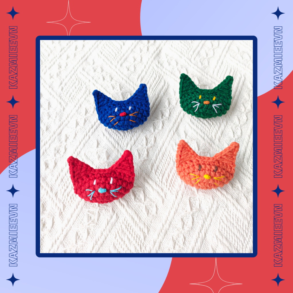 Ghim cài trang trí túi, áo hình mèo đáng yêu handmade bằng len