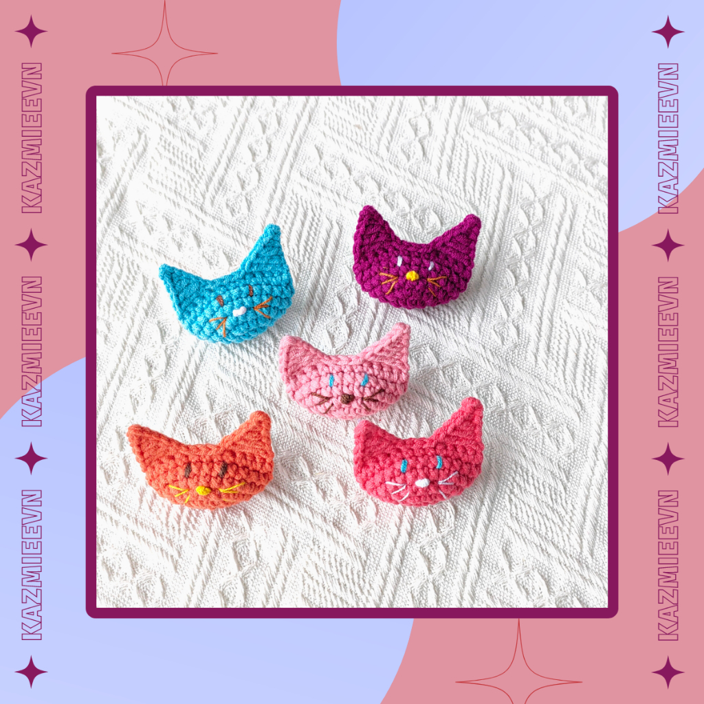 Ghim cài trang trí túi, áo hình mèo đáng yêu handmade bằng len