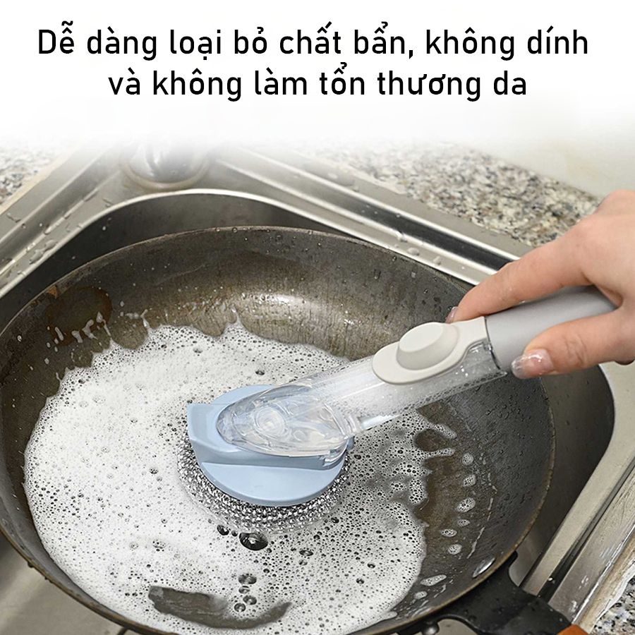 Dụng cụ cọ rửa chén bát, xoong nồi, bếp ăn có tay cầm dài và ngăn đựng xà phòng tiện dụng - Bàn chải vệ sinh nhà bếp