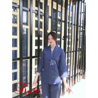 #Đồ Lam Đi Chùa _Mẫu nút ngọc ( vãi katê ko co giãn thêu sen )