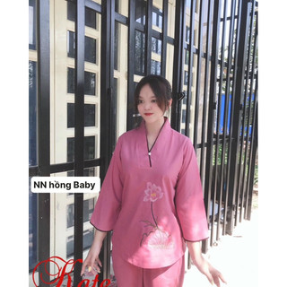 #Đồ Lam Đi Chùa _Mẫu nút ngọc ( vãi katê ko co giãn thêu sen )