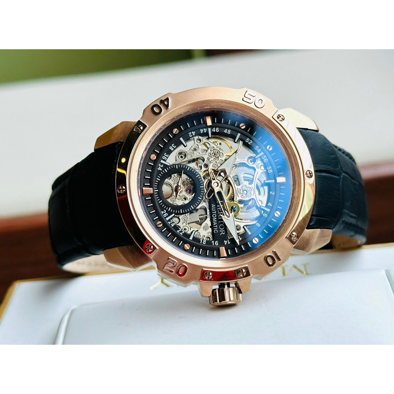 Đồng hồ nam dây da Heritor Carter Automatic Black Skeleton