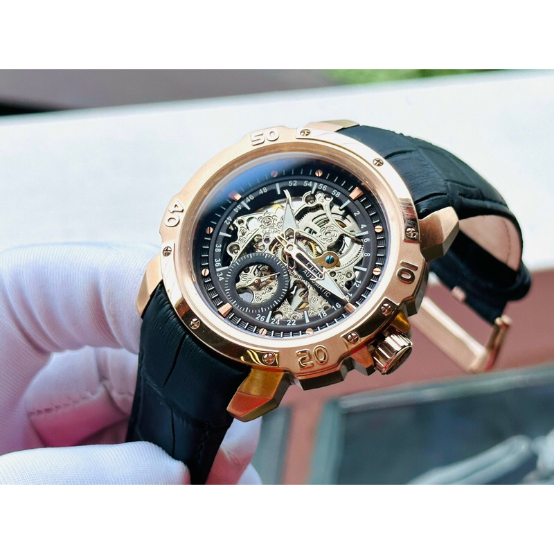Đồng hồ nam dây da Heritor Carter Automatic Black Skeleton