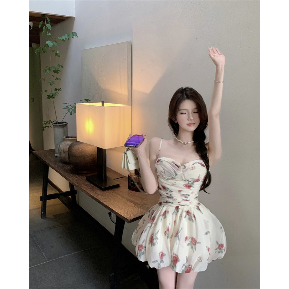 Đầm Hoa 2 Dây Siết Eo Nữ Váy Xếp Xòe Bí cho Mùa Hè Mới Phong Cách Retro Sang Trọng TH123