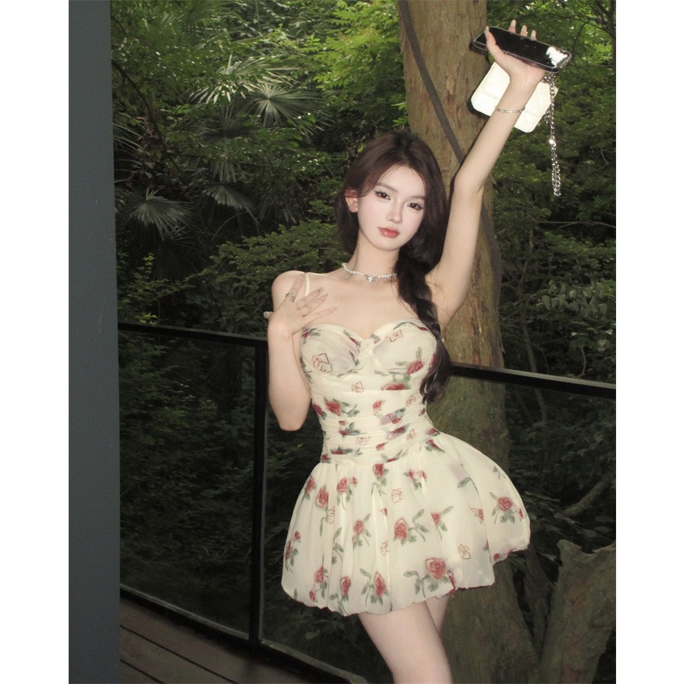 Đầm Hoa 2 Dây Siết Eo Nữ Váy Xếp Xòe Bí cho Mùa Hè Mới Phong Cách Retro Sang Trọng TH123