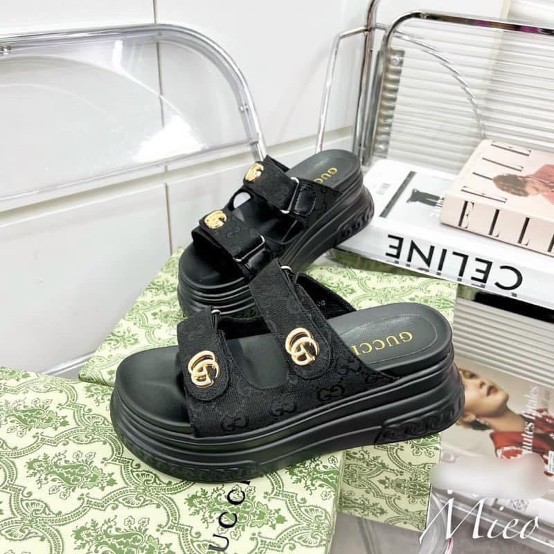 Dép nữ 2 quai ngang vải dạ GG đế bánh mì cao 7cm siêu nhẹ