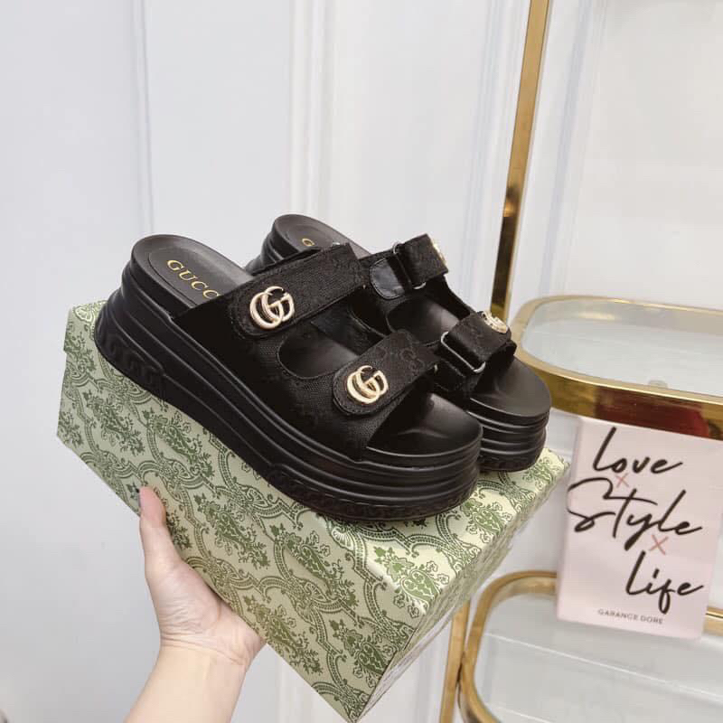 Dép nữ 2 quai ngang vải dạ GG đế bánh mì cao 7cm siêu nhẹ