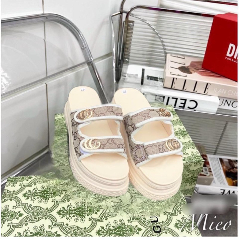 Dép nữ 2 quai ngang vải dạ GG đế bánh mì cao 7cm siêu nhẹ