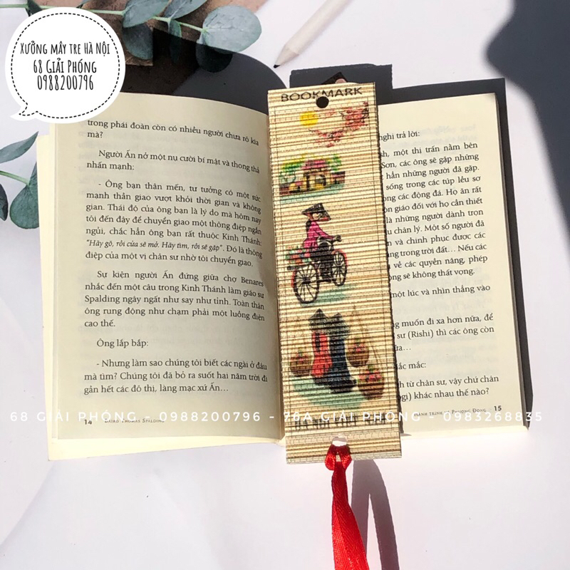 Bookmark đánh dấu trang sách chất liệu mành tre hình ảnh cô gái cảnh đồng quê Việt Nam