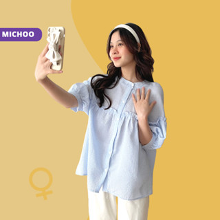 Áo Babydoll Tay Lửng Kẻ MICHOO Cổ Trụ Viền Bèo