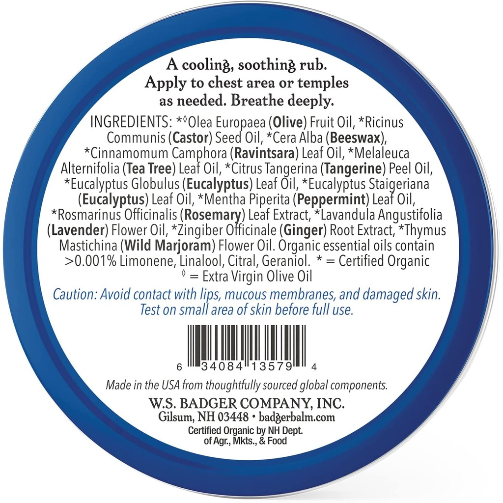 Sáp Dầu Ấm Ngực Giảm Ho Nghẹt Mũi Thành Phần Hữu Cơ An Toàn Lành Tính Cho Bé, Trẻ Sơ Sinh BADGER Organic Chest Rub Balm