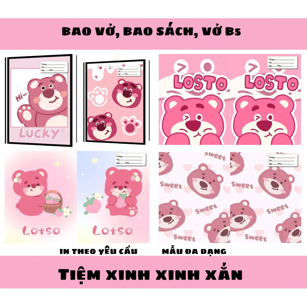 Bìa bao vở A5, bao vở sinh viên B5 hình gấu dâu LOTSO hồng dễ thương, nhãn vở in sẵn tiện lợi - TIỆM