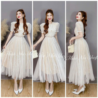 (CÓ SẴN) ĐẦM MIDI TRẮNG PHỐI VOAN REN ✨✨