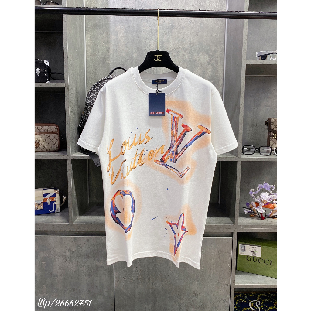 Áo phông LV hoa lá cành phối màu họa tiết 3D 2 màu đen trắng - Áo LV nam nữ cực chất thời trang trend 2023