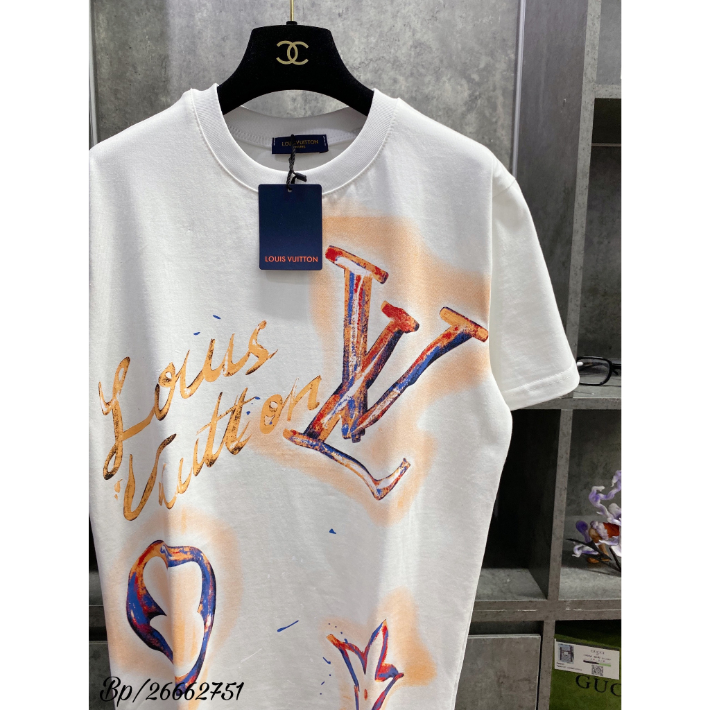 Áo phông LV hoa lá cành phối màu họa tiết 3D 2 màu đen trắng - Áo LV nam nữ cực chất thời trang trend 2023