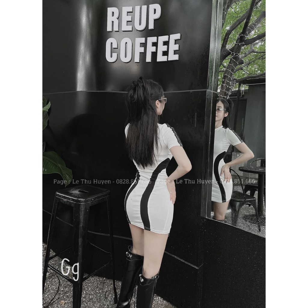 Đầm body nữ thun gân dáng ngắn tay ngắn đính logo tam giác phối màu xinh xắn