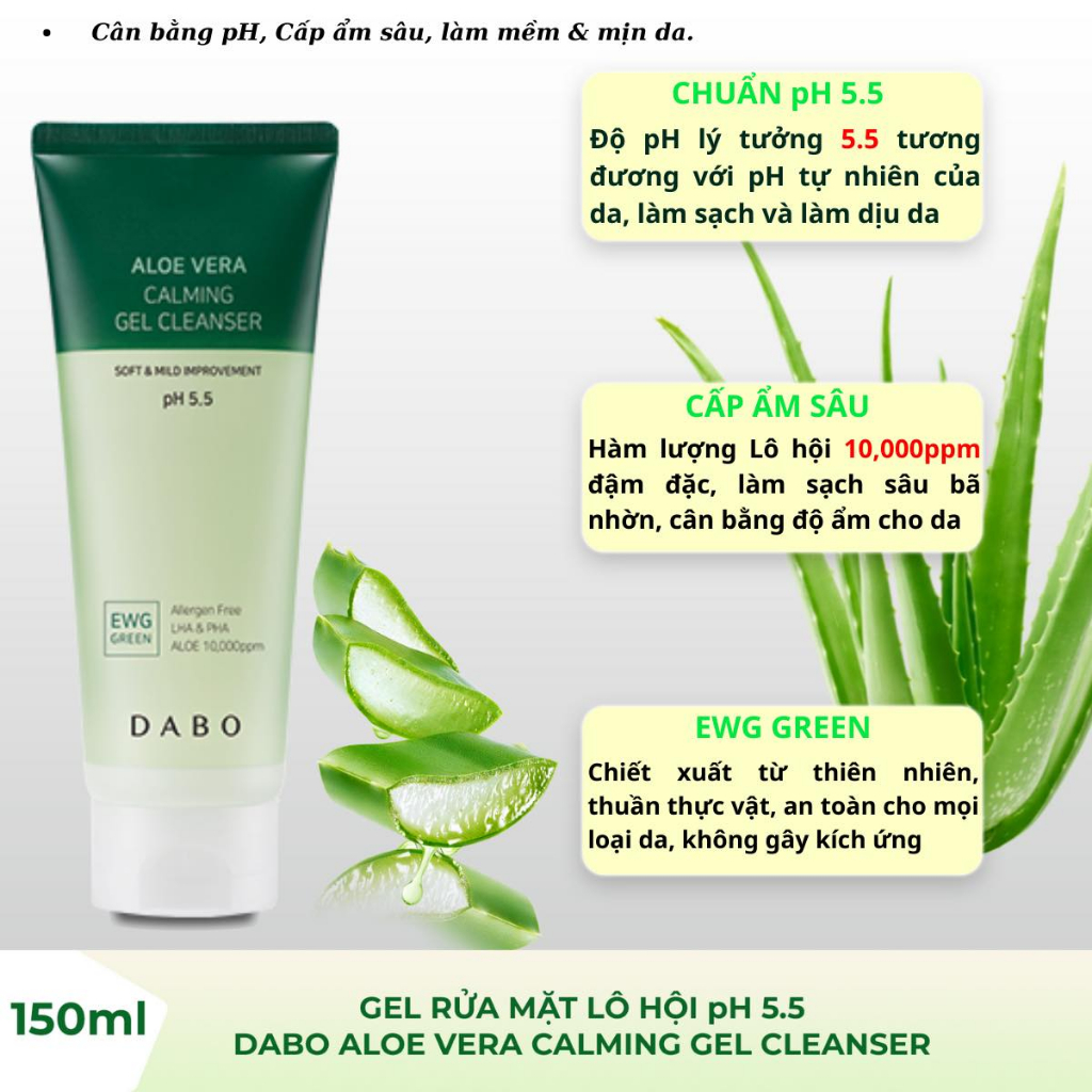 Gel Rửa Mặt Lô Hội pH 5.5 - DABO Aloe Vera Calming Gel Cleanser 150ml
