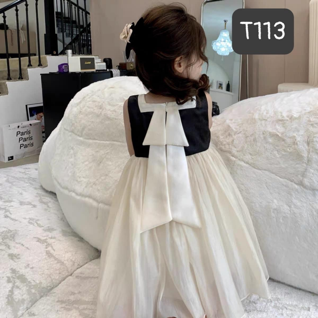 T113 Váy tơ điểm nơ 2 vai cho bé