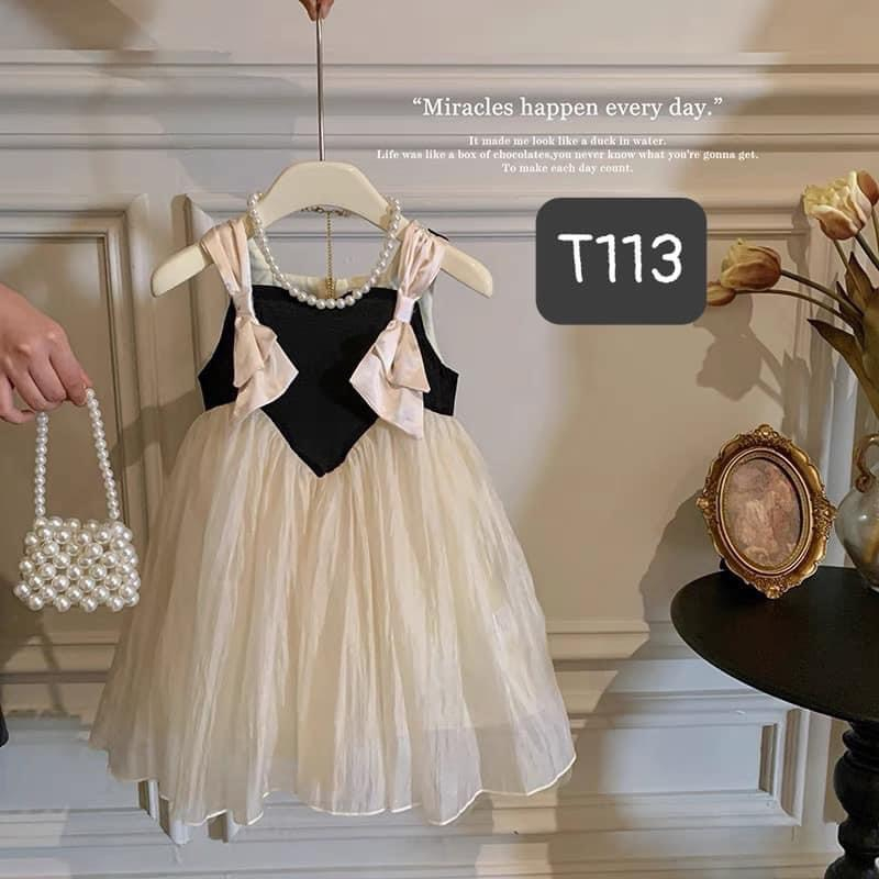 T113 Váy tơ điểm nơ 2 vai cho bé