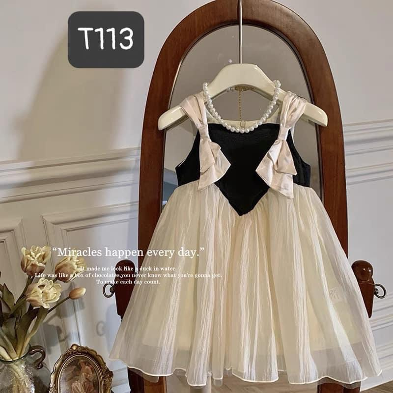 T113 Váy tơ điểm nơ 2 vai cho bé