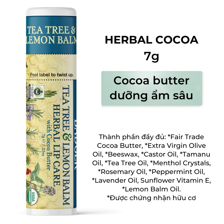Son Dưỡng Hữu Cơ USDA Organic Dịu Môi Khô Nứt BADGER Tea Tree & Lemon Balm Herbal Lip Balm - Cocoa Butter An Toàn Mẹ Bầu